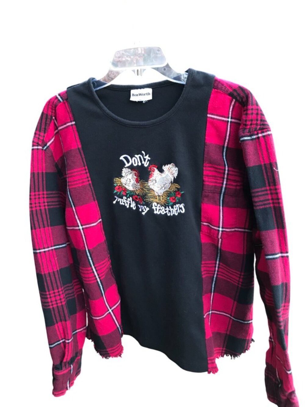 Upcycled Flannel Tee, Reworked Oversized Chickens Graphic Pullover Size S - M